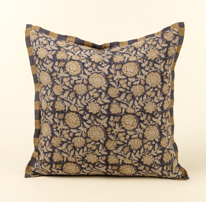 01-8978 20x20 Floral and Stripe Block Print Linen Pillow