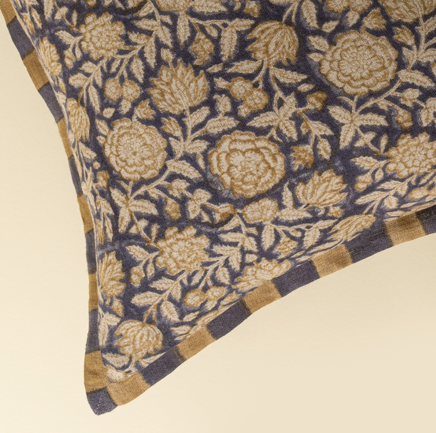 01-8978 20x20 Floral and Stripe Block Print Linen Pillow